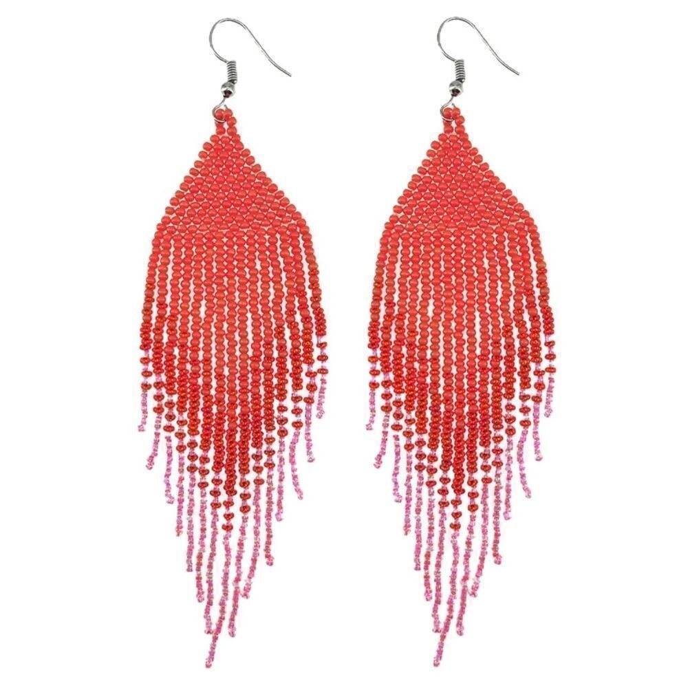 Red Bohemian Seed Bead Tassel Dangling Statement French Wire Hook Earrings